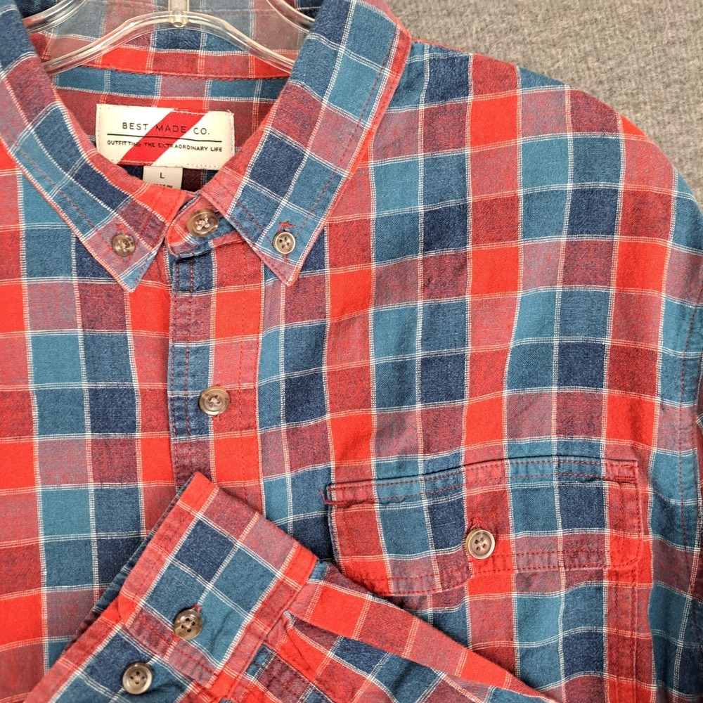 Best Made Co Men's Linen Cotton Plaid Button Down Shirt Red Blue Large